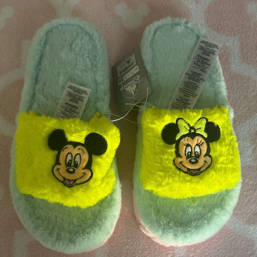 Disney Green and Yellow Mickey and Minnie Slippers